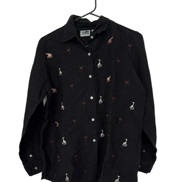 Irish Linen Tops - Elegant Black Embroidered Women's Button Down Shirt